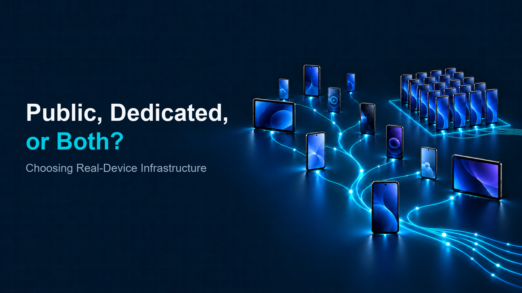 Abstract connected Android device infrastructure illustrating public and dedicated access options.
