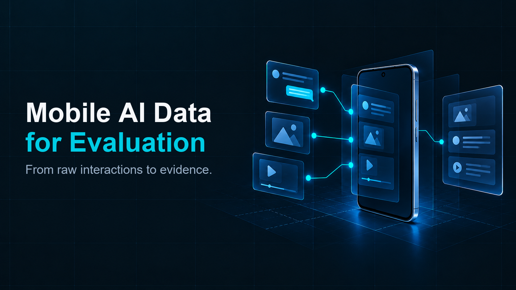 Mobile AI evaluation data connected to a smartphone, task trace, and evidence.