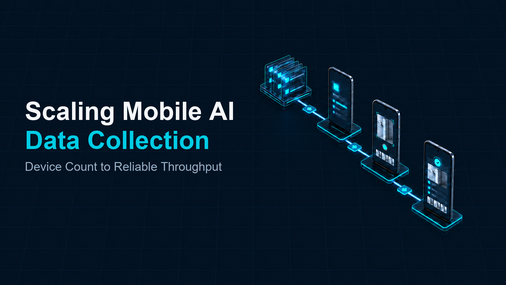 Abstract illustration of a connected Android device pool and a data collection pipeline.