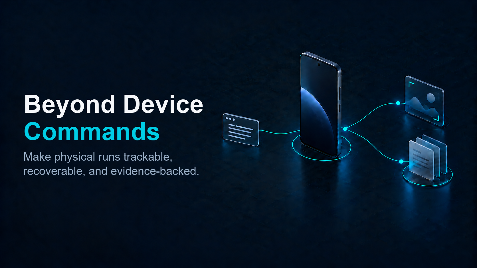 An abstract IDE command window connects to a real Android device and recorded evidence.