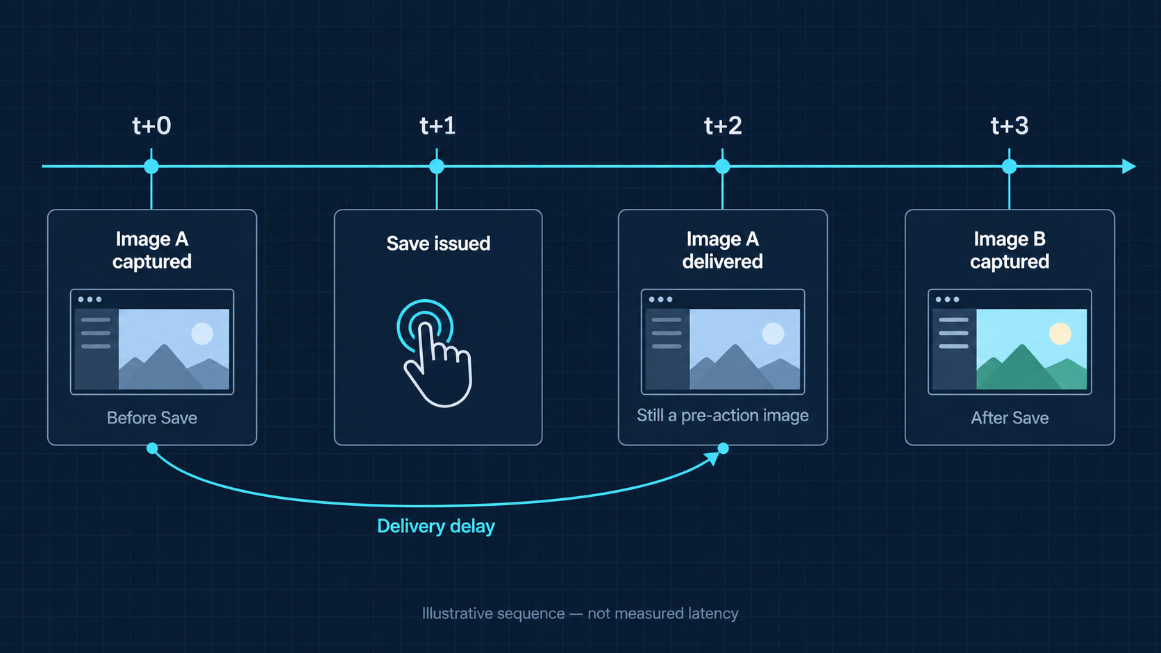An image captured before Save arrives after the action; capture and delivery times differ.